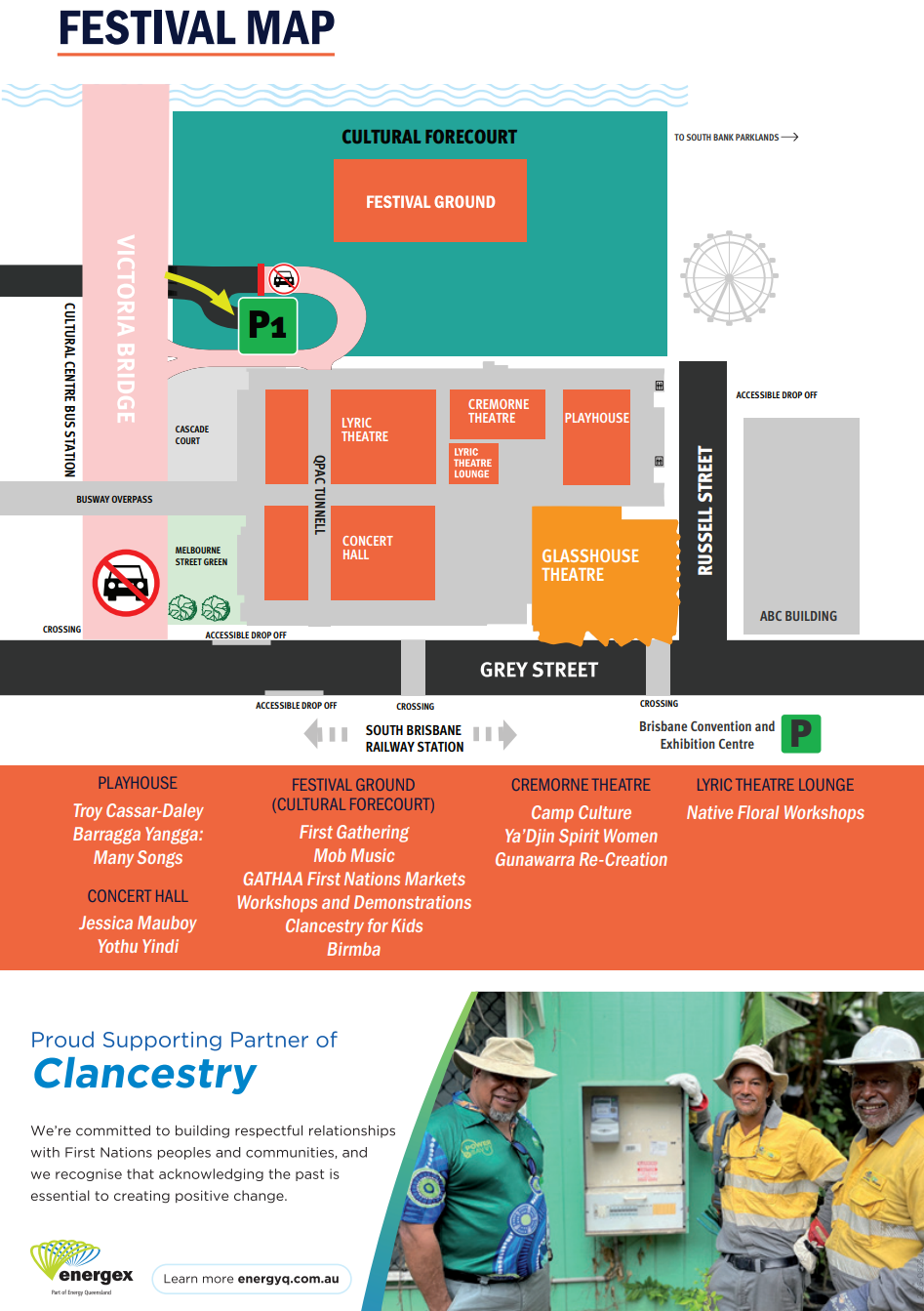 Clancestry 2026 festival ground map showing the Cultural Forecourt, Festival Ground and surrounding venues