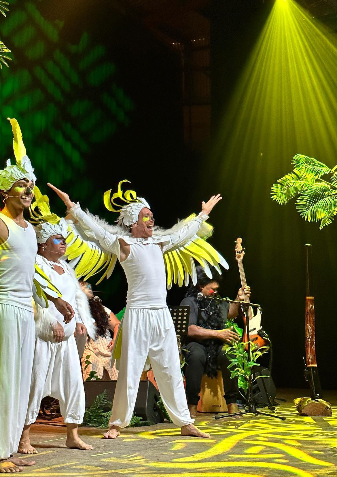First Nations performers in white cockatoo-feather headdresses on stage under golden light